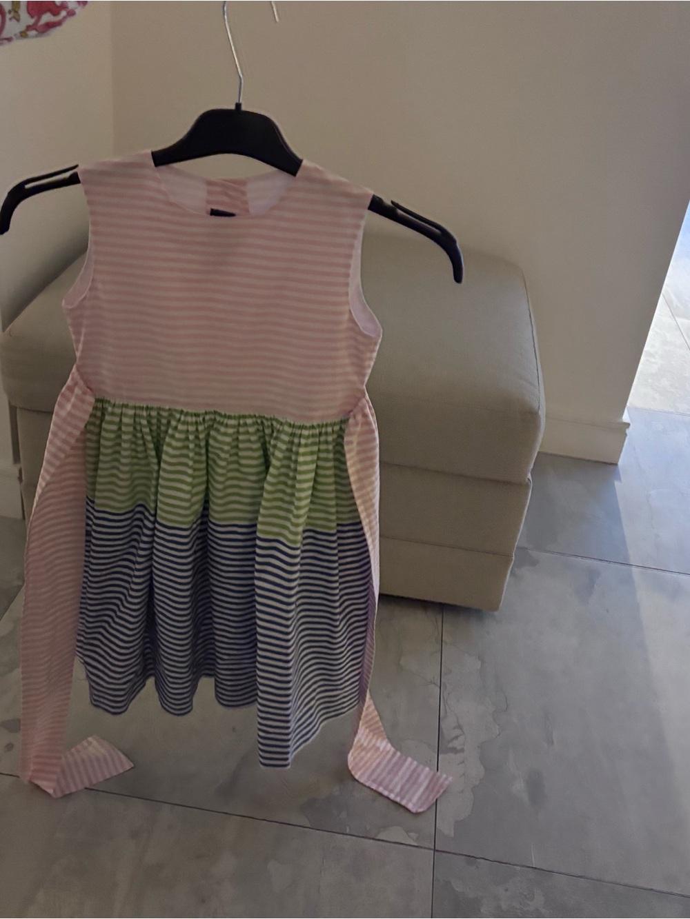 Oscar de la Renta Girls Pink, Green & Navy Striped Cotton Party Dress